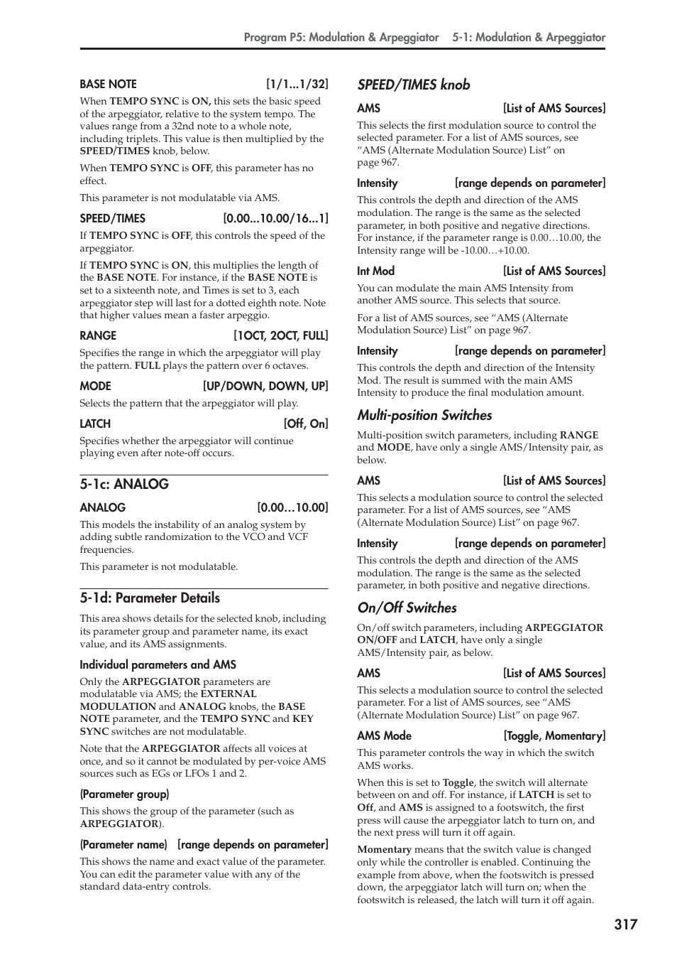 1c: analog, 1d: parameter details, Speed/times knob | Multi-position switches, On/off switches | KORG Electronic Keyboard User Manual | Page 327 / 1127