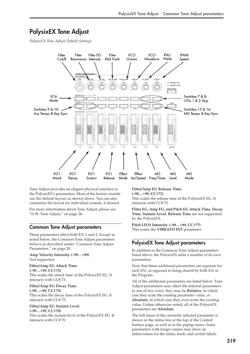 Polysixex tone adjust, Common tone adjust parameters, Polysixex tone adjust parameters | KORG Electronic Keyboard User Manual | Page 329 / 1127
