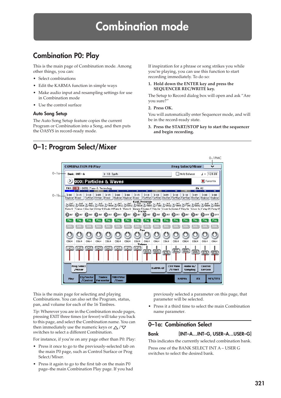 Combination mode, Combination p0: play, 1: program select/mixer | 1a: combination select, 0–1: program select/mixer, 0–1a: combination select | KORG Electronic Keyboard User Manual | Page 331 / 1127