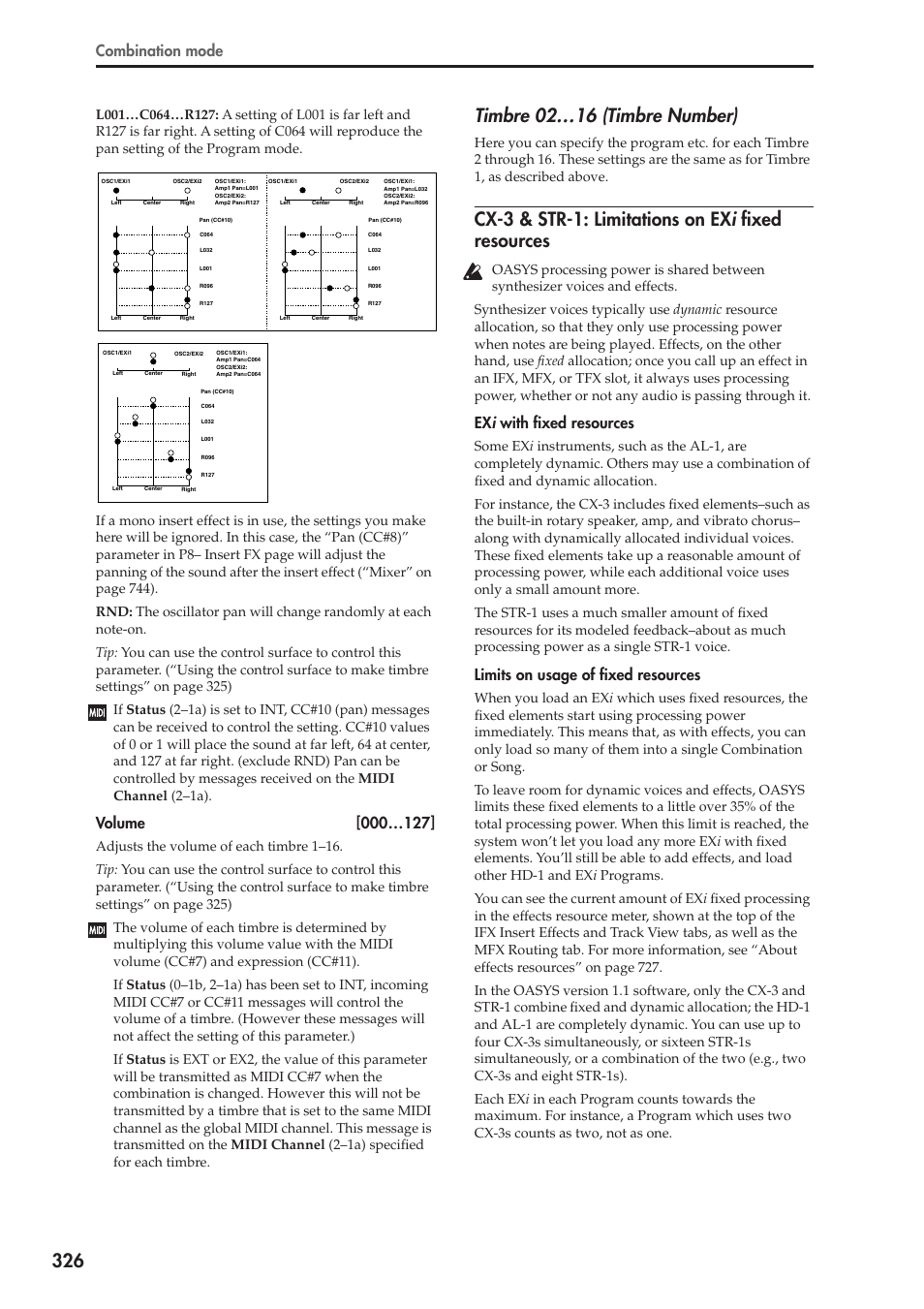 Cx-3 & str-1: limitations on exi fixed resources, Timbre 02…16 (timbre number), Cx-3 & str-1: limitations on ex i fixed resources | Combination mode, Ex i with fixed resources, Limits on usage of fixed resources | KORG Electronic Keyboard User Manual | Page 336 / 1127