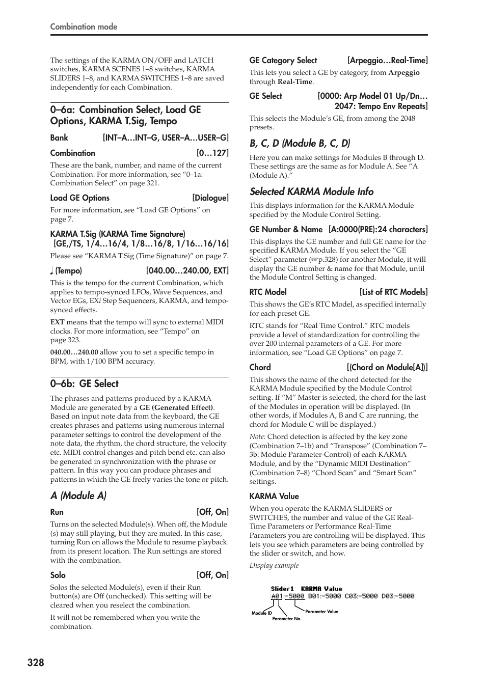 6b: ge select, 0–6b: ge select, A (module a) | B, c, d (module b, c, d), Selected karma module info | KORG Electronic Keyboard User Manual | Page 338 / 1127