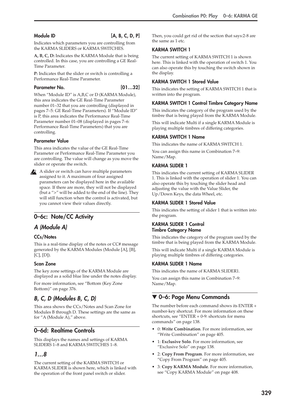 6c: note/cc activity, 6d: realtime controls, B, c, d (modules b, c, d) | 0–6d: realtime controls, 0–6: page menu commands | KORG Electronic Keyboard User Manual | Page 339 / 1127