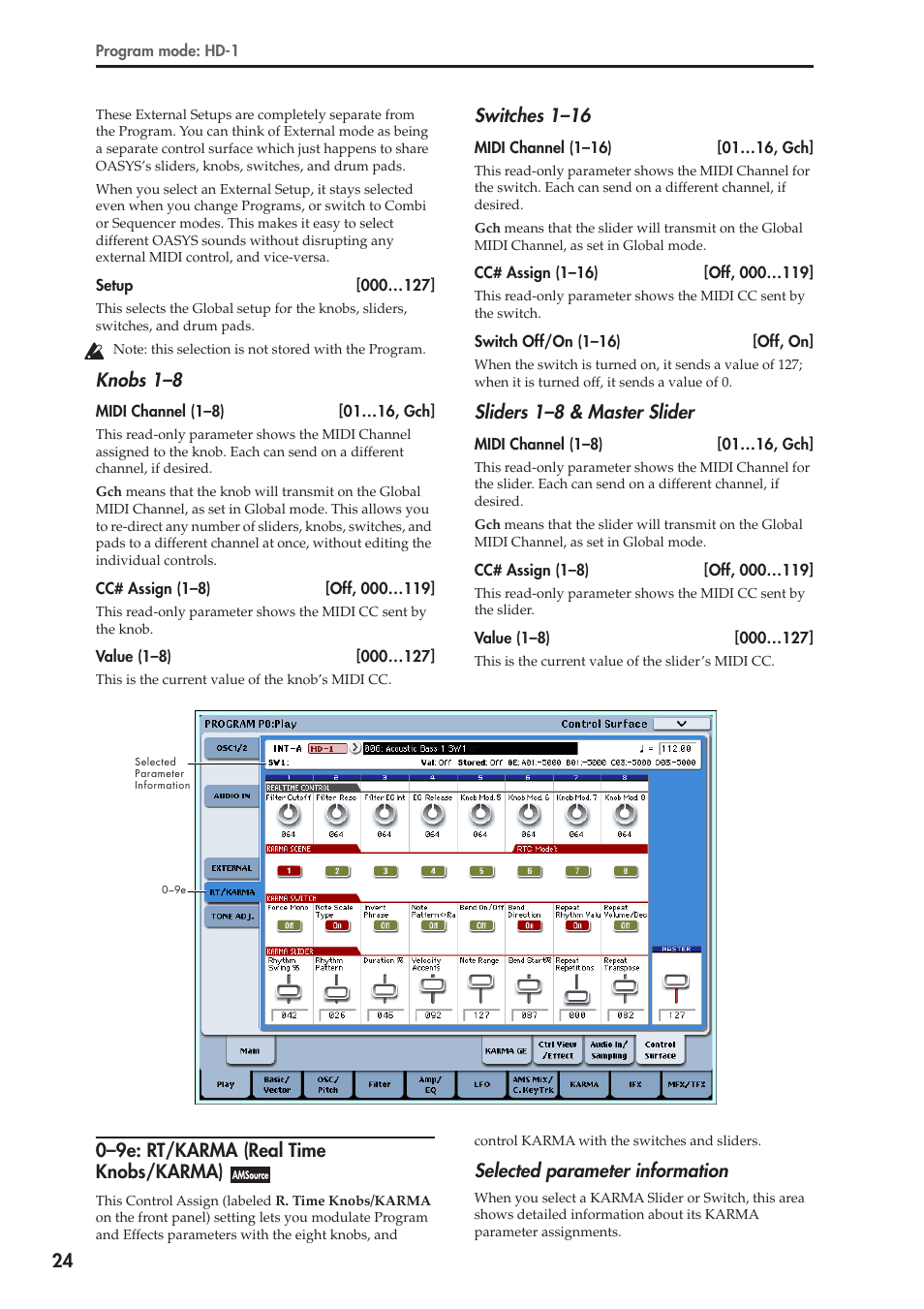 9e: rt/karma (real time knobs/karma), Knobs 1–8, Switches 1–16 | Sliders 1–8 & master slider, 0–9e: rt/karma (real time knobs/karma), Selected parameter information | KORG Electronic Keyboard User Manual | Page 34 / 1127