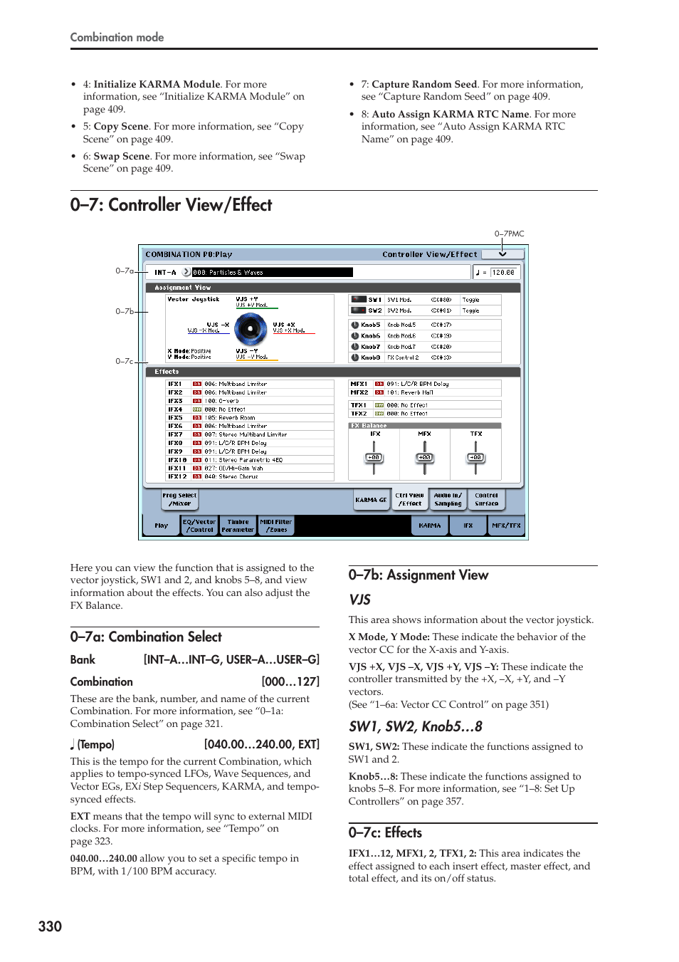 7: controller view/effect, 7a: combination select, 7b: assignment view | 7c: effects, 0–7: controller view/effect, 0–7a: combination select, 0–7b: assignment view vjs, Sw1, sw2, knob5…8, 0–7c: effects | KORG Electronic Keyboard User Manual | Page 340 / 1127