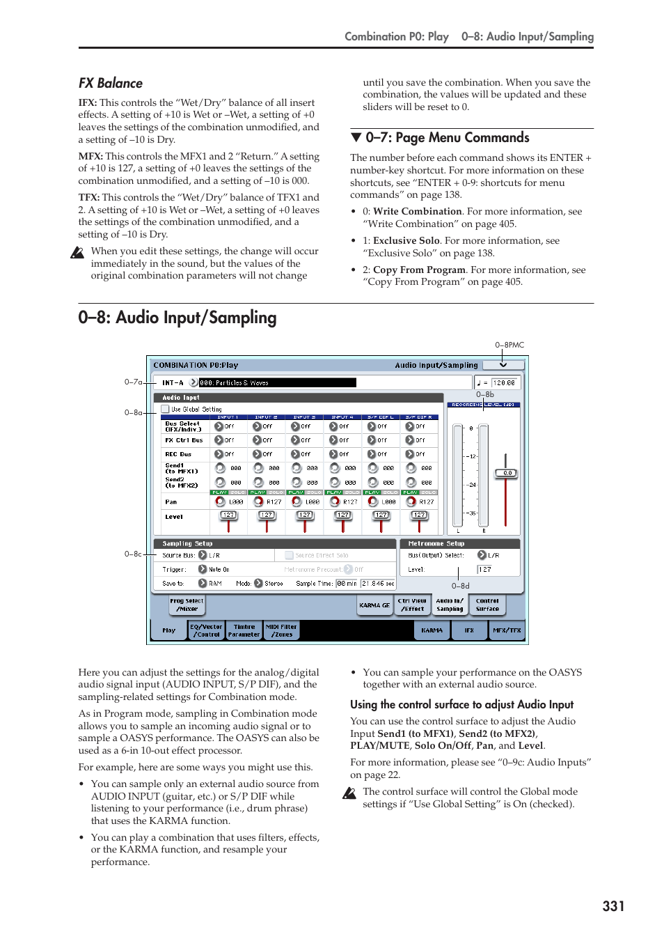 8: audio input/sampling, 0–8: audio input/sampling, 331 fx balance | 0–7: page menu commands | KORG Electronic Keyboard User Manual | Page 341 / 1127