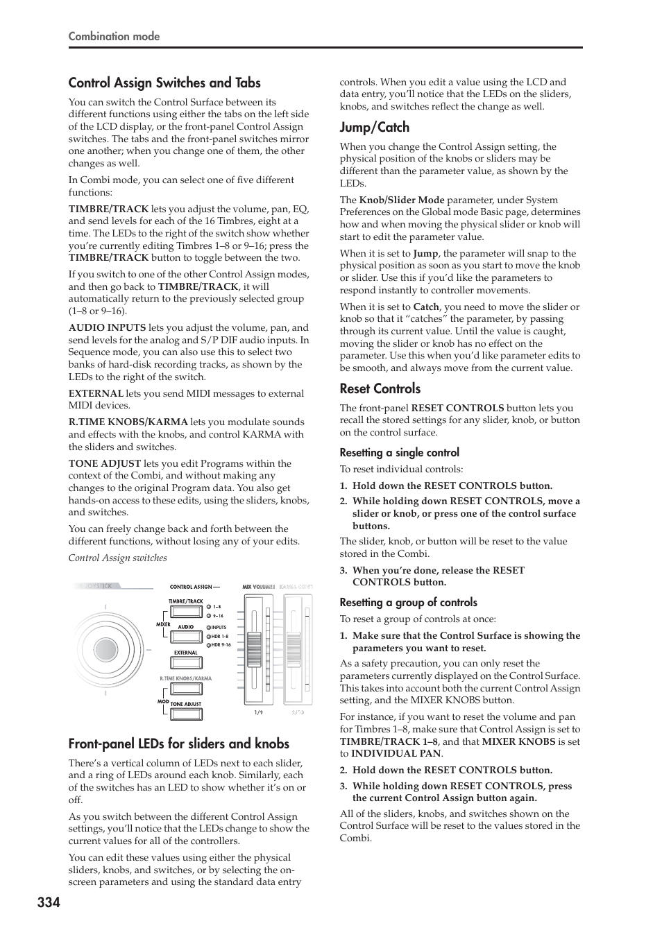 Control assign switches and tabs, Front-panel leds for sliders and knobs, Jump/catch | Reset controls, 334 control assign switches and tabs | KORG Electronic Keyboard User Manual | Page 344 / 1127