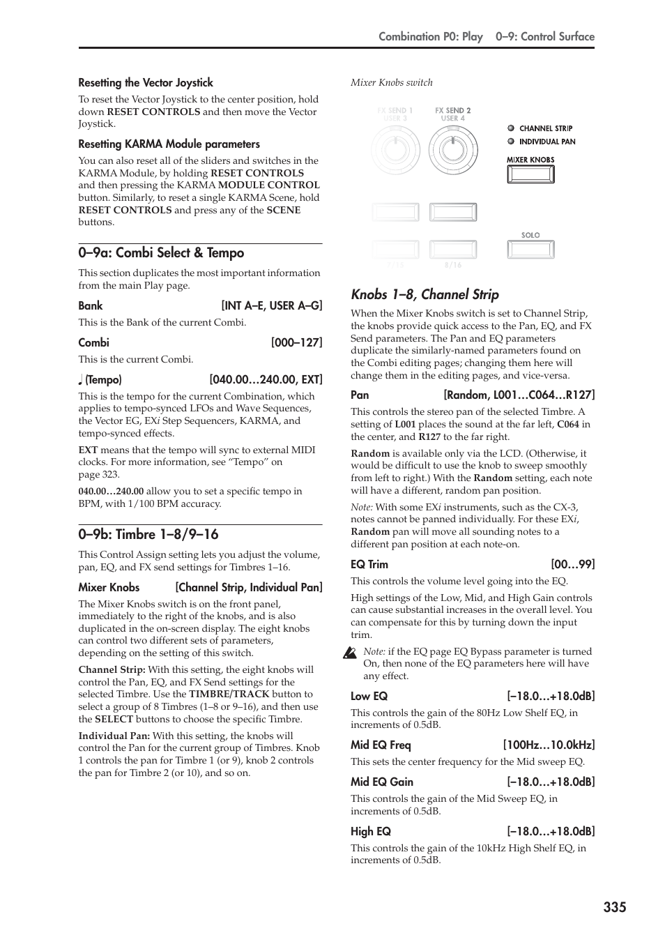 9a: combi select & tempo, 9b: timbre 1-8/9-16, 0–9a: combi select & tempo | Knobs 1–8, channel strip | KORG Electronic Keyboard User Manual | Page 345 / 1127