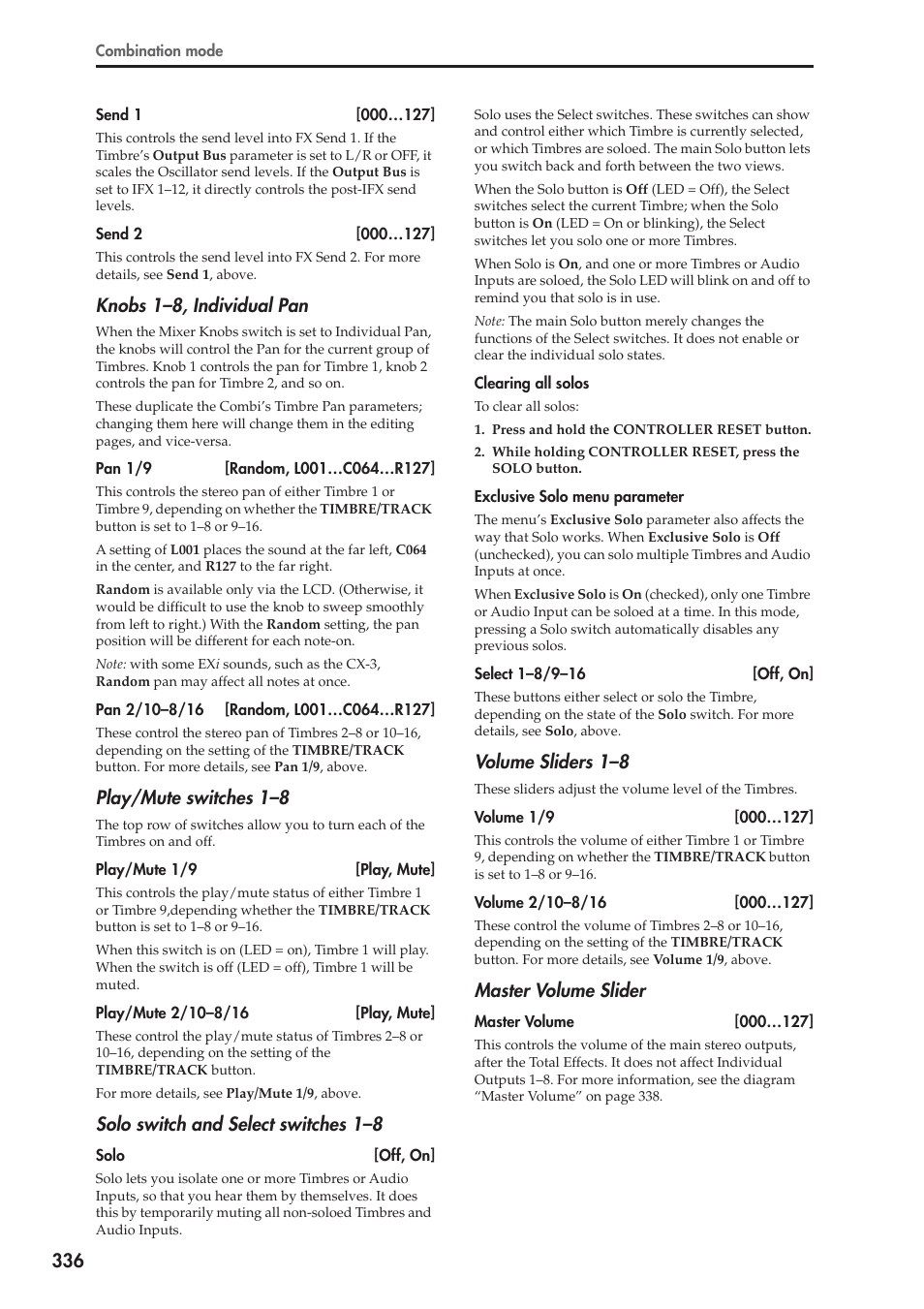 Knobs 1–8, individual pan, Play/mute switches 1–8, Solo switch and select switches 1–8 | Volume sliders 1–8, Master volume slider | KORG Electronic Keyboard User Manual | Page 346 / 1127