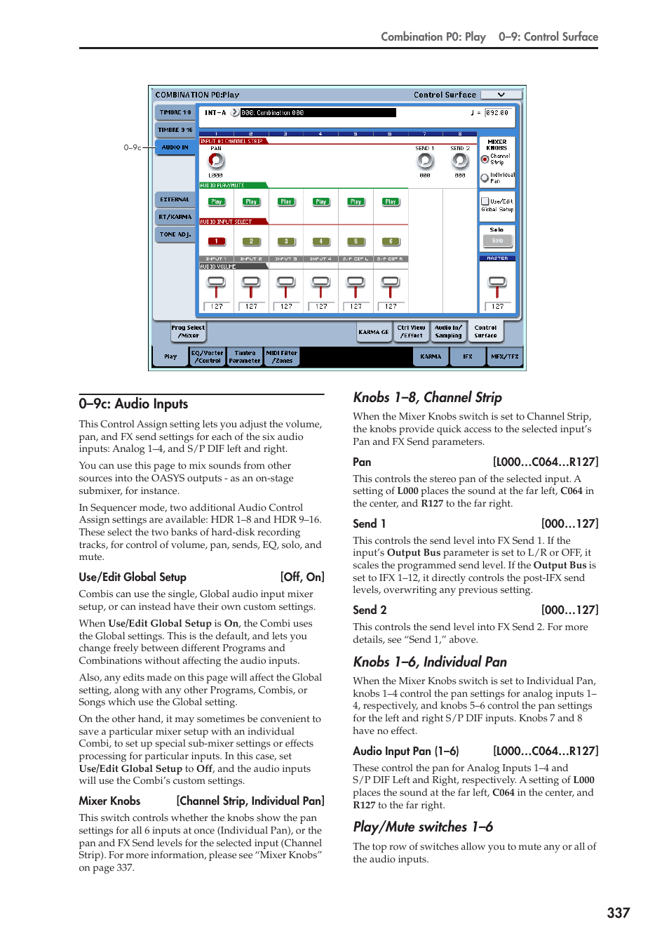 9c: audio inputs, Knobs 1–8, channel strip, Knobs 1–6, individual pan | Play/mute switches 1–6 | KORG Electronic Keyboard User Manual | Page 347 / 1127