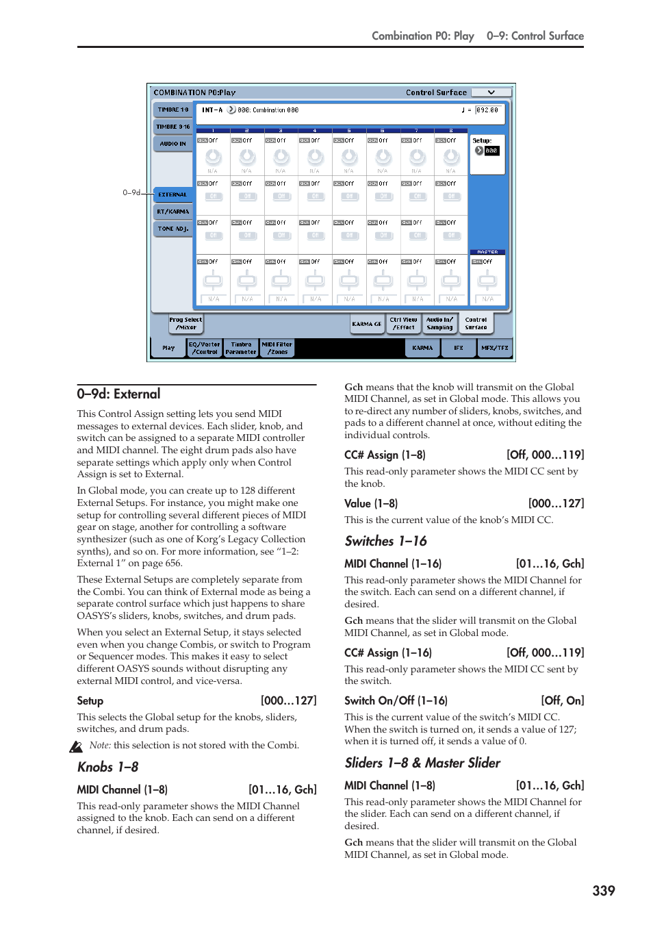 9d: external, Knobs 1–8, Switches 1–16 | Sliders 1–8 & master slider | KORG Electronic Keyboard User Manual | Page 349 / 1127