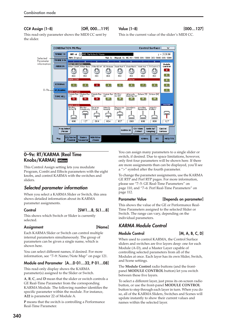 9e: rt/karma (real time knobs/karma), 0–9e: rt/karma (real time knobs/karma), Selected parameter information | Karma module control | KORG Electronic Keyboard User Manual | Page 350 / 1127