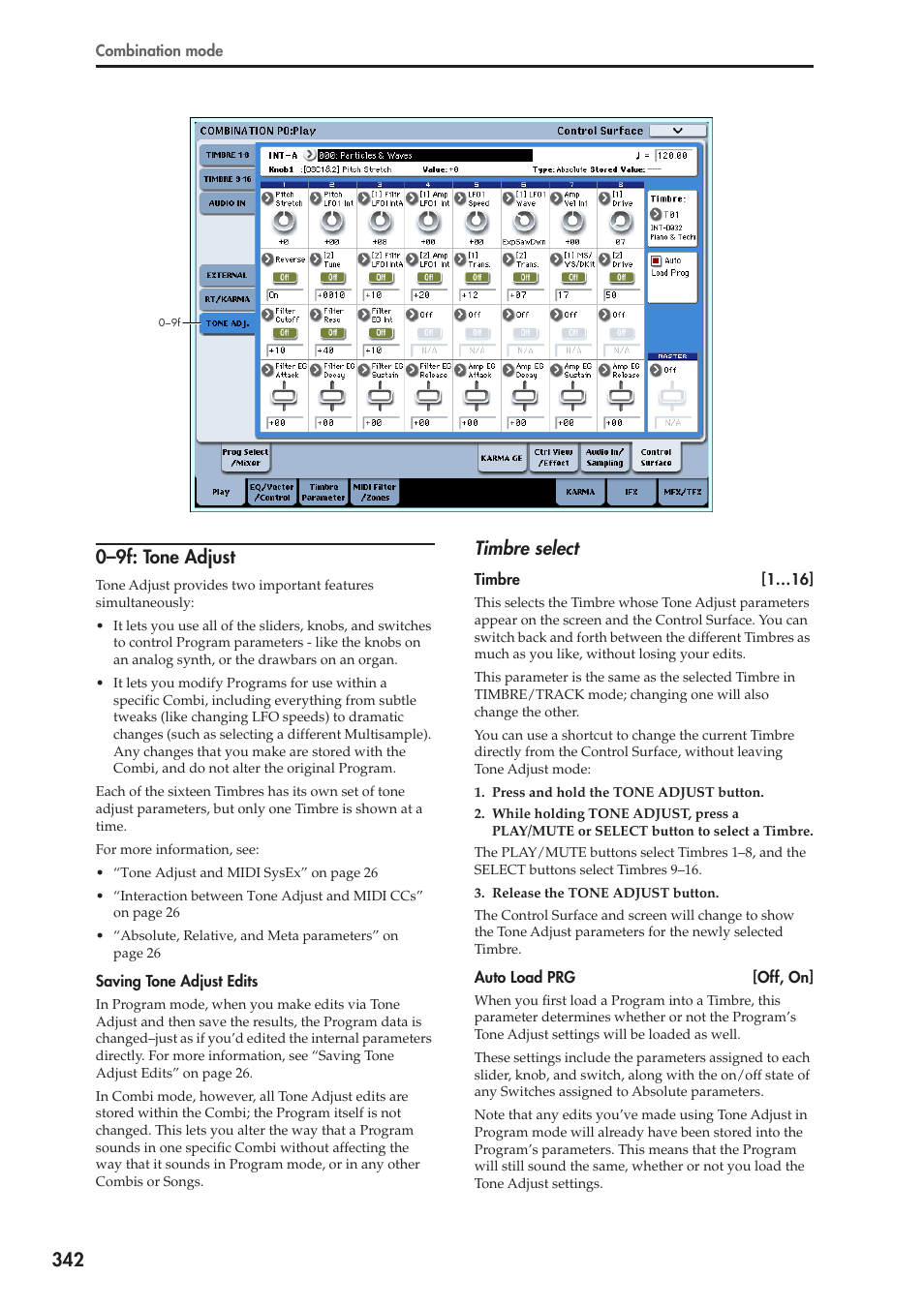 9f: tone adjust, Timbre select | KORG Electronic Keyboard User Manual | Page 352 / 1127