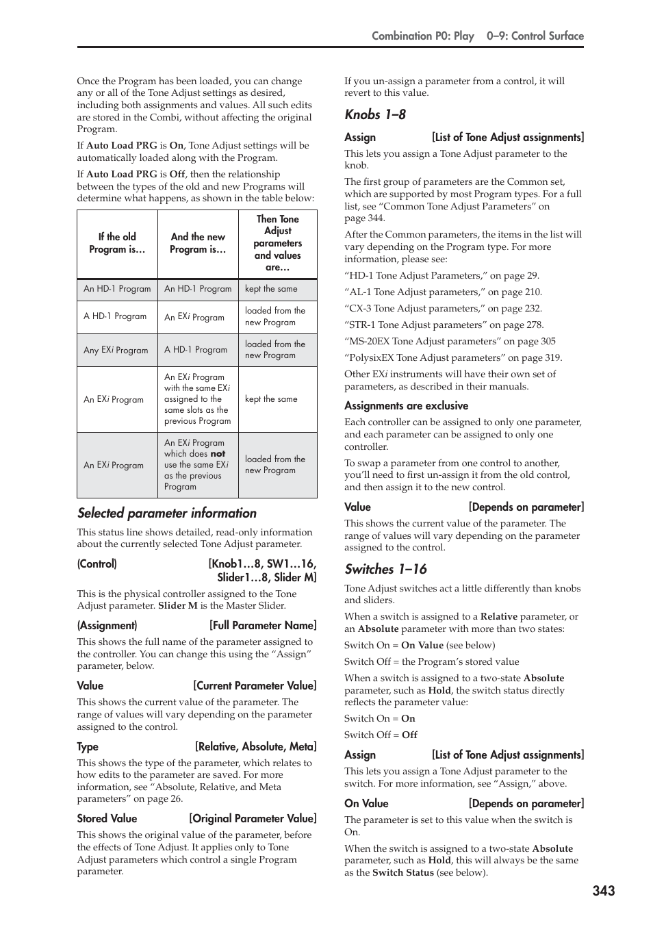 Selected parameter information, Knobs 1–8, Switches 1–16 | KORG Electronic Keyboard User Manual | Page 353 / 1127
