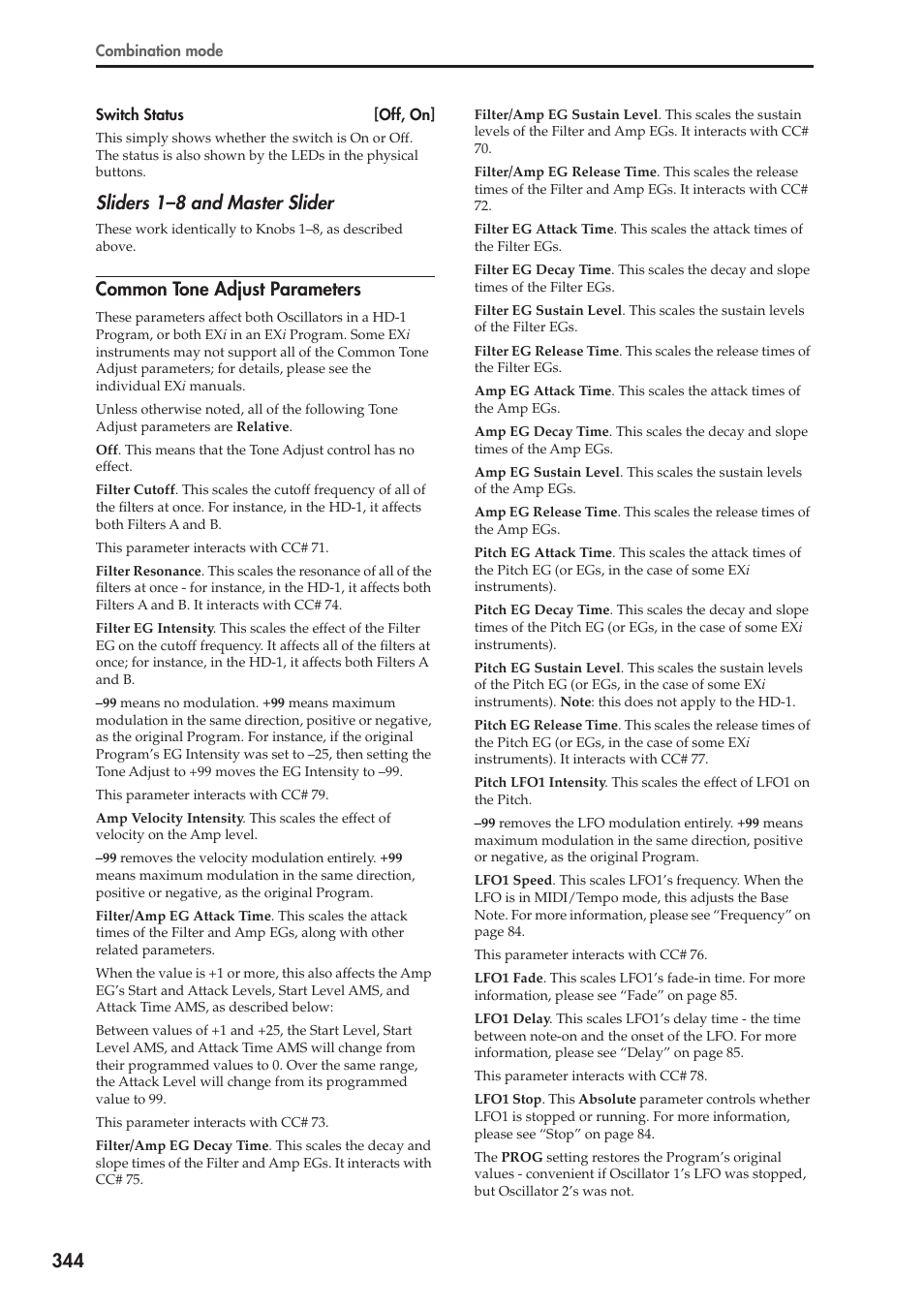 Common tone adjust parameters, Sliders 1–8 and master slider | KORG Electronic Keyboard User Manual | Page 354 / 1127