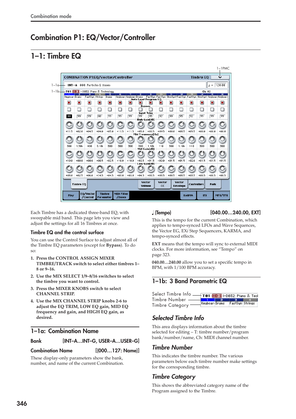 Combination p1: eq/vector/controller, 1: timbre eq, 1a: combination name | 1b: 3 band parametric eq, 1–1: timbre eq, 1–1a: combination name, 1–1b: 3 band parametric eq selected timbre info, Timbre number, Timbre category | KORG Electronic Keyboard User Manual | Page 356 / 1127