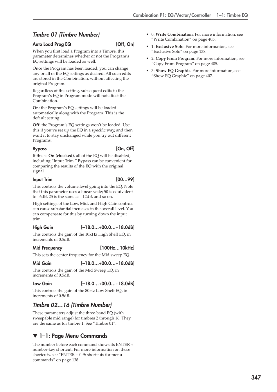Timbre 02…16 (timbre number), 1–1: page menu commands | KORG Electronic Keyboard User Manual | Page 357 / 1127