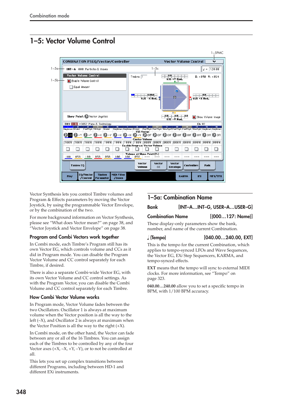 5: vector volume control, 5a: combination name, 1–5: vector volume control | 1–5a: combination name | KORG Electronic Keyboard User Manual | Page 358 / 1127