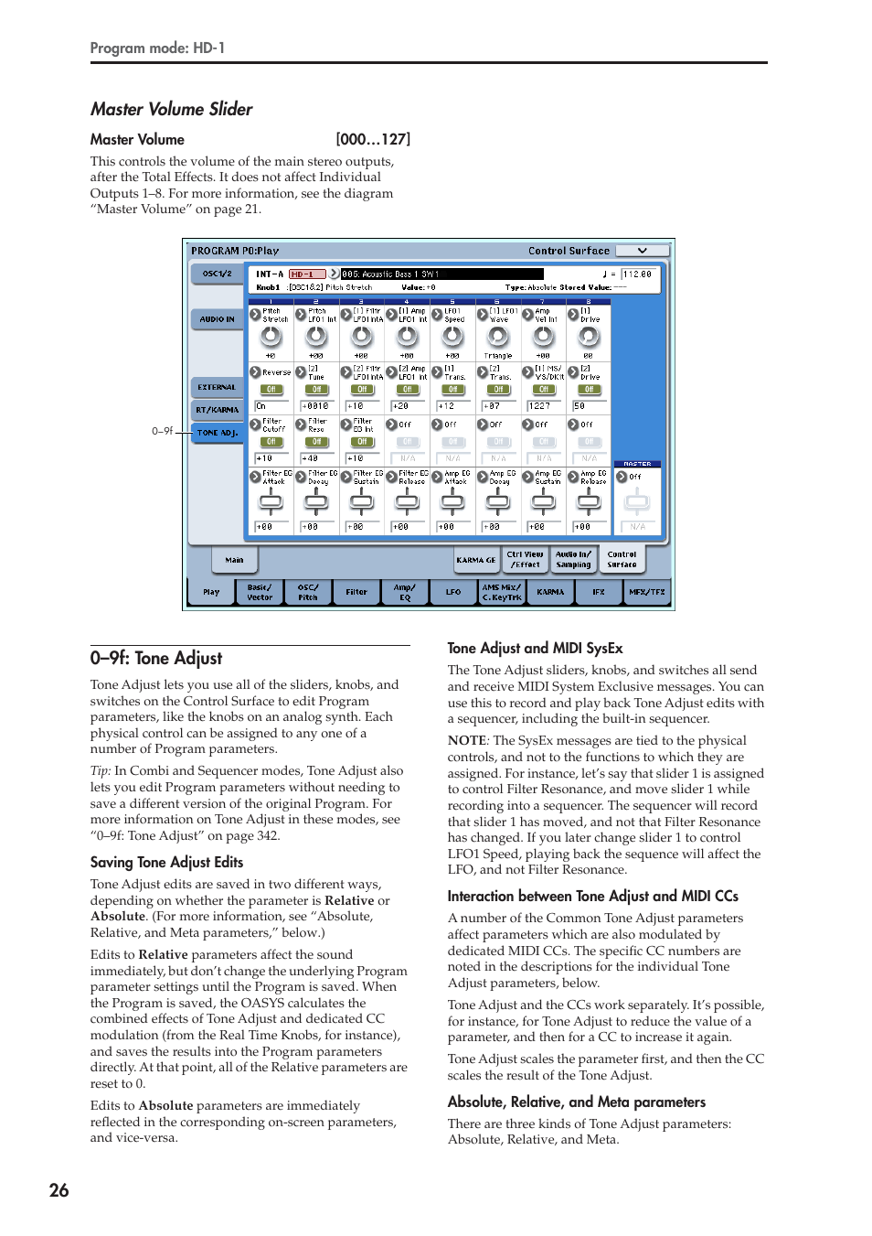 9f: tone adjust, 26 master volume slider, 0–9f: tone adjust | KORG Electronic Keyboard User Manual | Page 36 / 1127