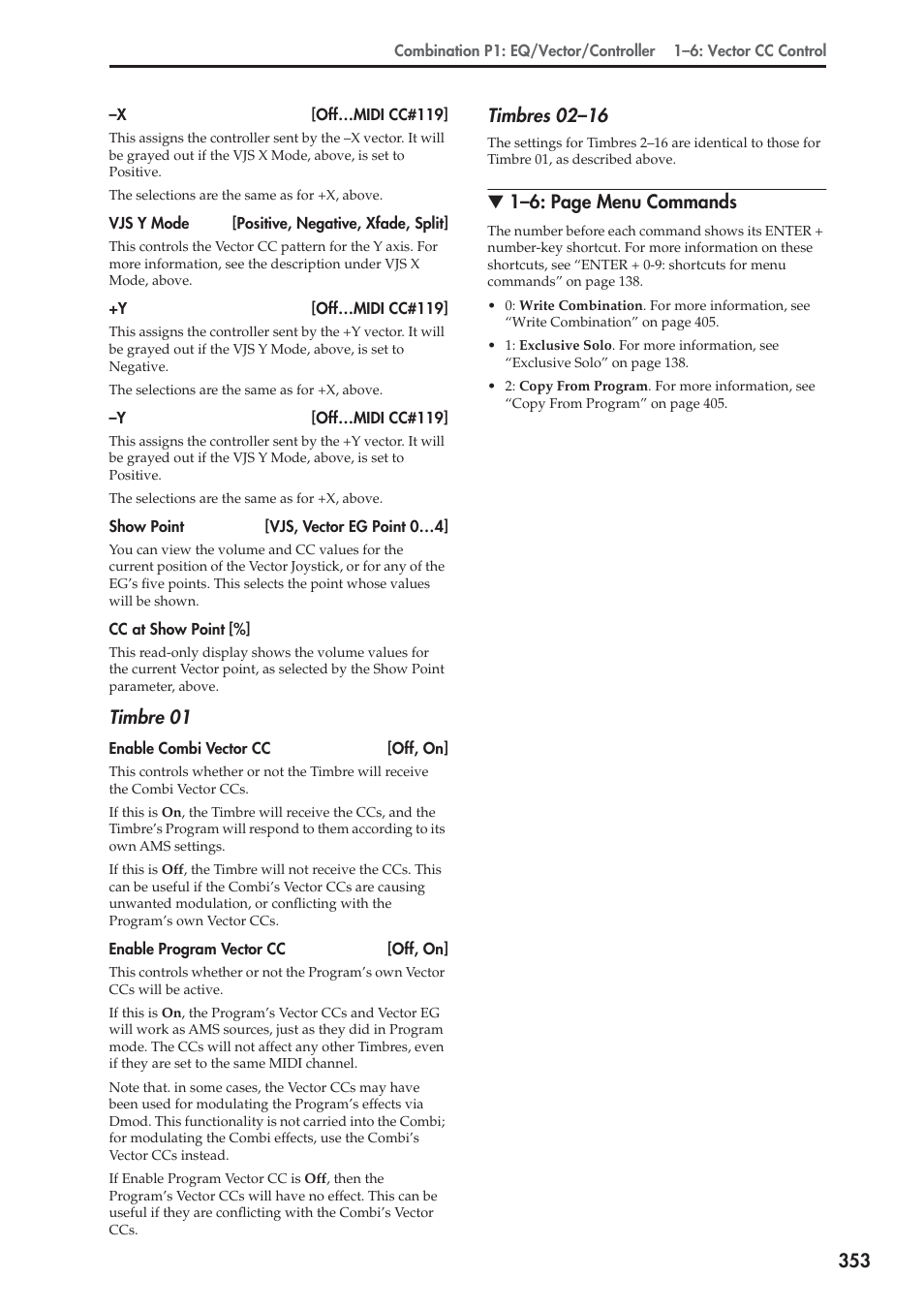 Timbre 01, Timbres 02–16, 1–6: page menu commands | KORG Electronic Keyboard User Manual | Page 363 / 1127