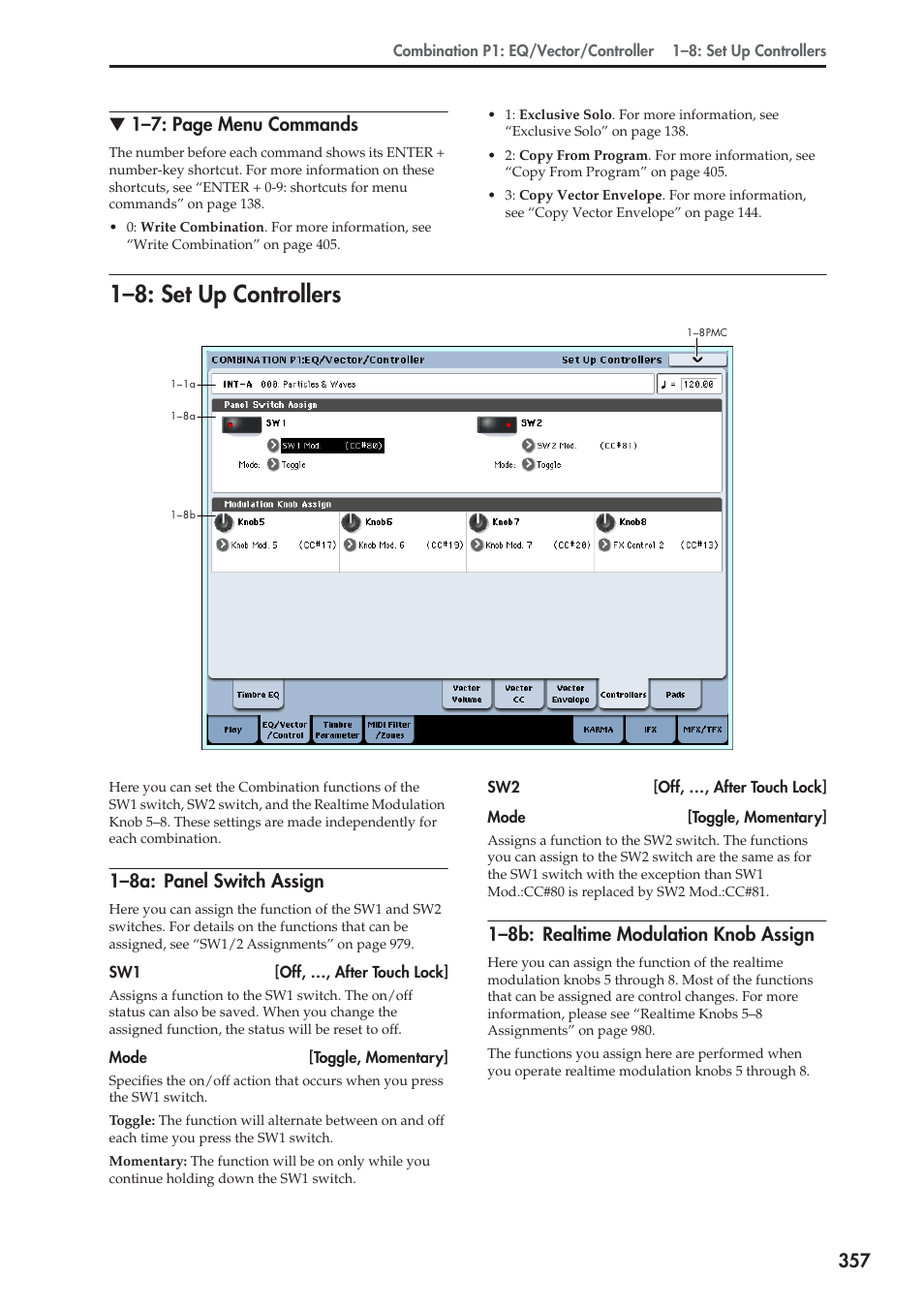 8: set up controllers, 8a: panel switch assign, 8b: realtime modulation knob assign | 1–8: set up controllers, 1–8a: panel switch assign, 1–8b: realtime modulation knob assign | KORG Electronic Keyboard User Manual | Page 367 / 1127
