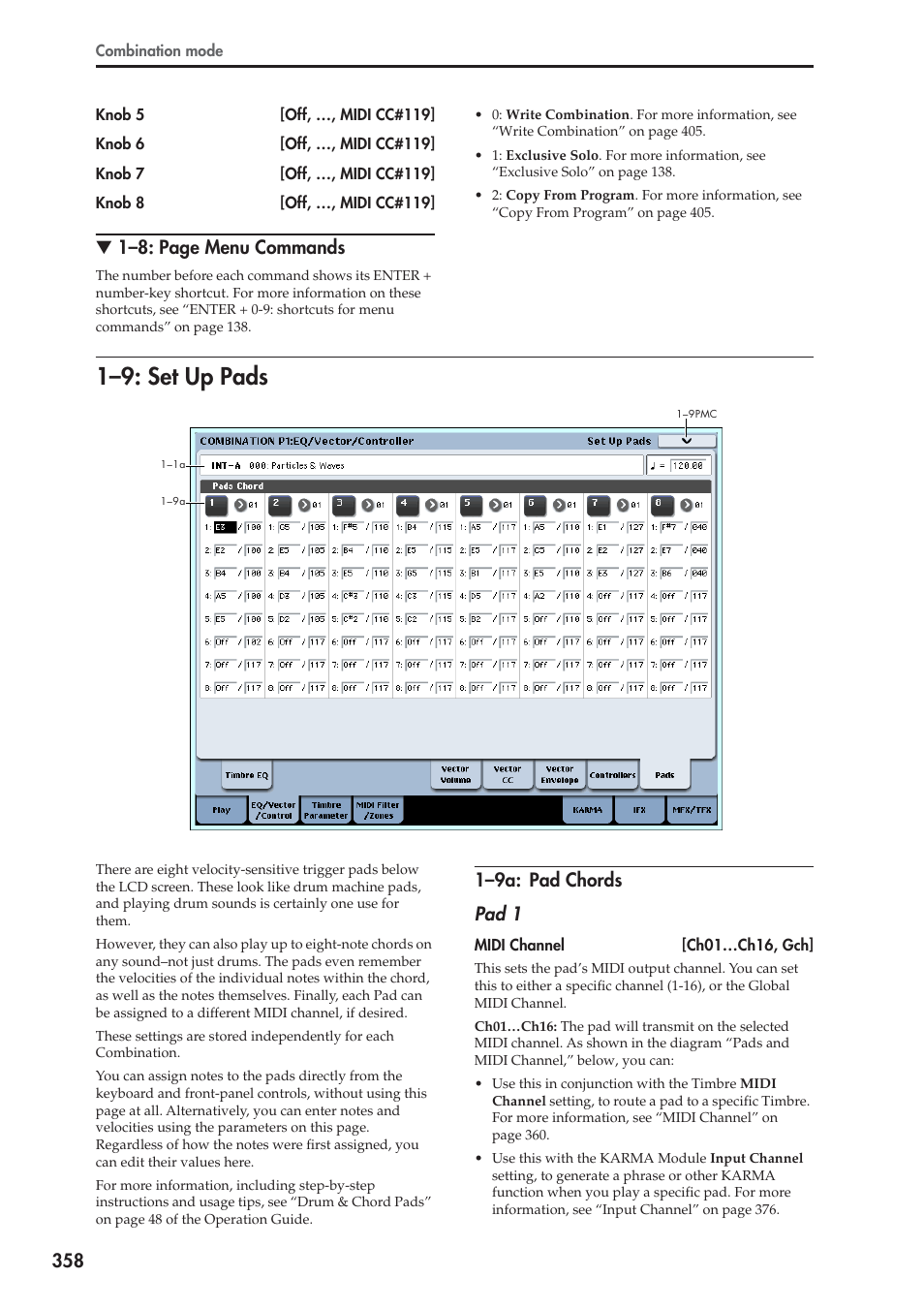 9: set up pads, 9a: pad chords, 1–9: set up pads | 1–8: page menu commands, 1–9a: pad chords pad 1 | KORG Electronic Keyboard User Manual | Page 368 / 1127