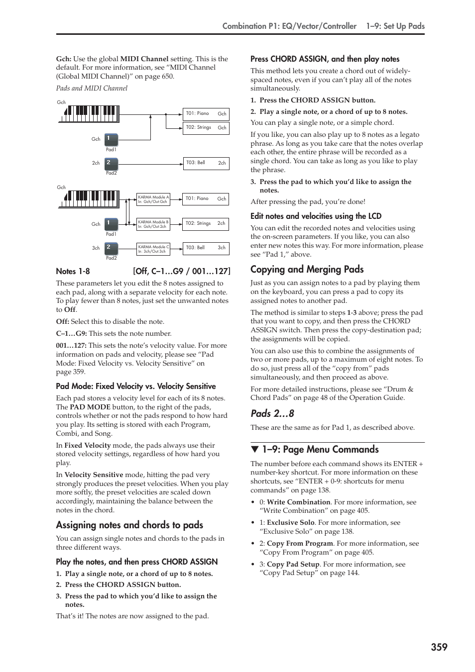 Assigning notes and chords to pads, Copying and merging pads, Pads 2…8 | 1–9: page menu commands | KORG Electronic Keyboard User Manual | Page 369 / 1127