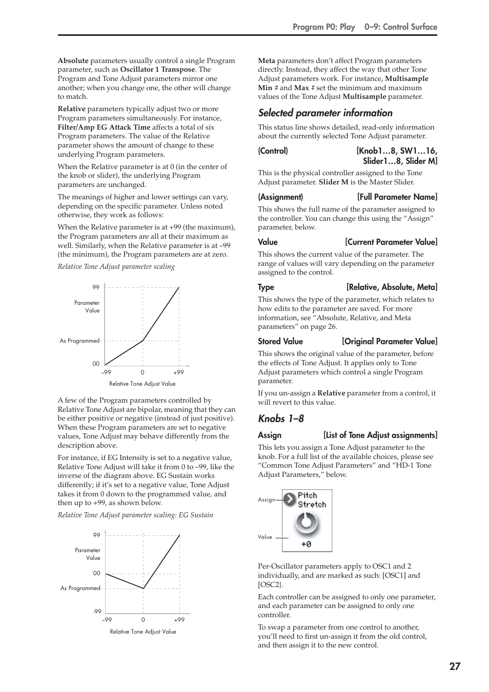Selected parameter information, Knobs 1–8 | KORG Electronic Keyboard User Manual | Page 37 / 1127