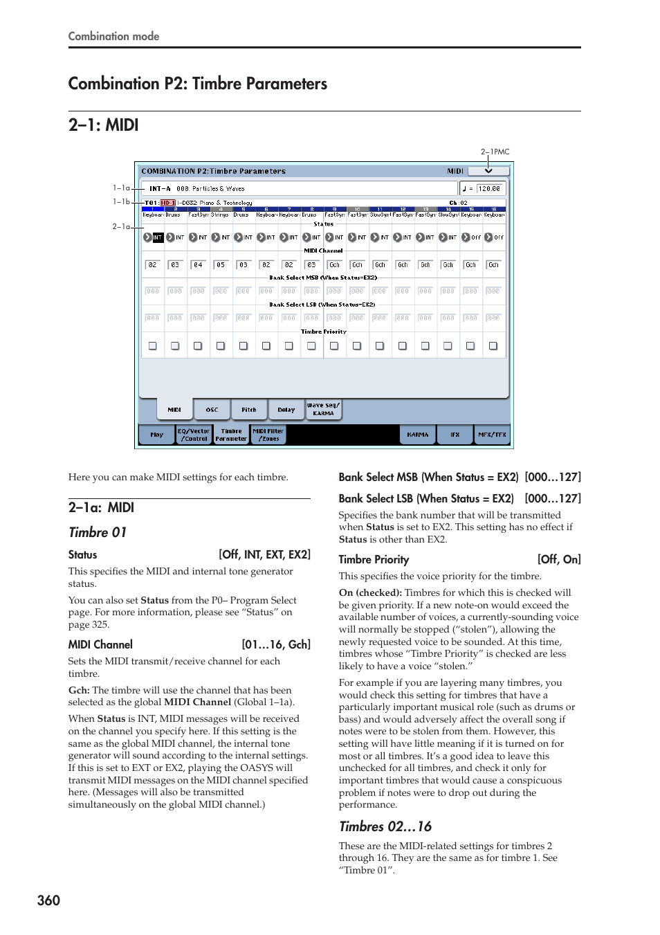 Combination p2: timbre parameters, 1: midi, 1a: midi | 2–1: midi, Combination p2: timbre parameters 2–1: midi, 2–1a: midi timbre 01, Timbres 02…16 | KORG Electronic Keyboard User Manual | Page 370 / 1127