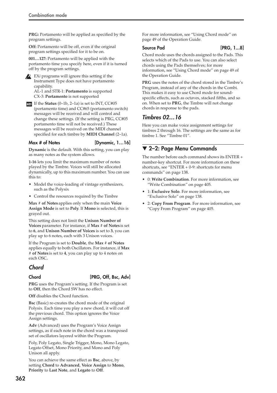 Chord, Timbres 02…16, 2–2: page menu commands | KORG Electronic Keyboard User Manual | Page 372 / 1127