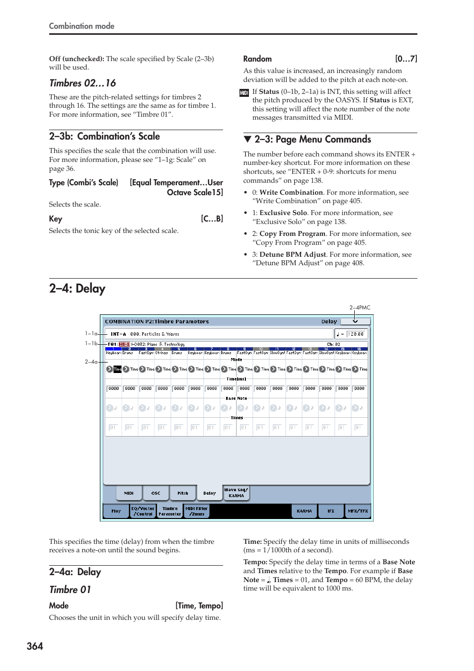 3b: combination’s scale, 4: delay, 4a: delay | 2–4: delay, Timbres 02…16, 2–3b: combination’s scale, 2–3: page menu commands, 2–4a: delay timbre 01 | KORG Electronic Keyboard User Manual | Page 374 / 1127