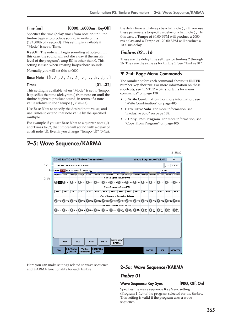 5: wave sequence/karma, 5a: wave sequence/karma, 2–5: wave sequence/karma | Timbres 02…16, 2–4: page menu commands, 2–5a: wave sequence/karma timbre 01 | KORG Electronic Keyboard User Manual | Page 375 / 1127