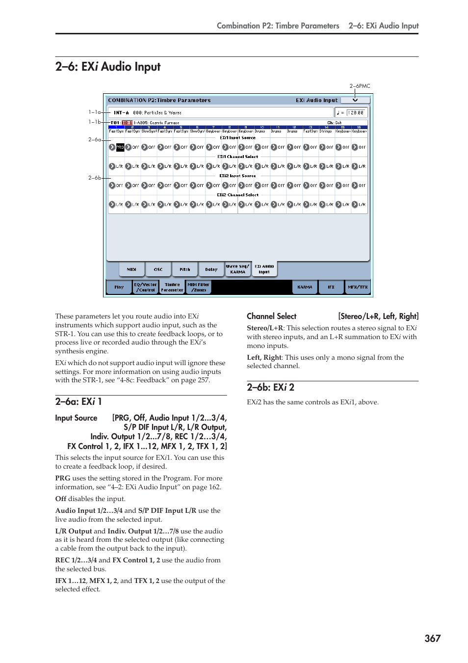 6: exi audio input, 6a: exi 1, 6b: exi 2 | 2–6: ex, Audio input, 2–6: ex i audio input, 2–6a: ex i 1, 2–6b: ex i 2 | KORG Electronic Keyboard User Manual | Page 377 / 1127