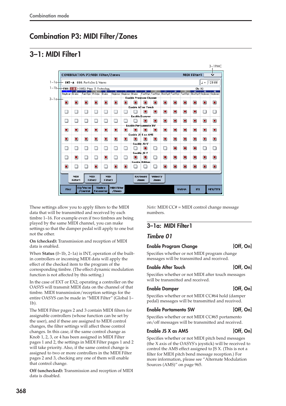 Combination p3: midi filter/zones, 1: midi filter1, 1a: midi filter1 | 3–1: midi filter1 | KORG Electronic Keyboard User Manual | Page 378 / 1127