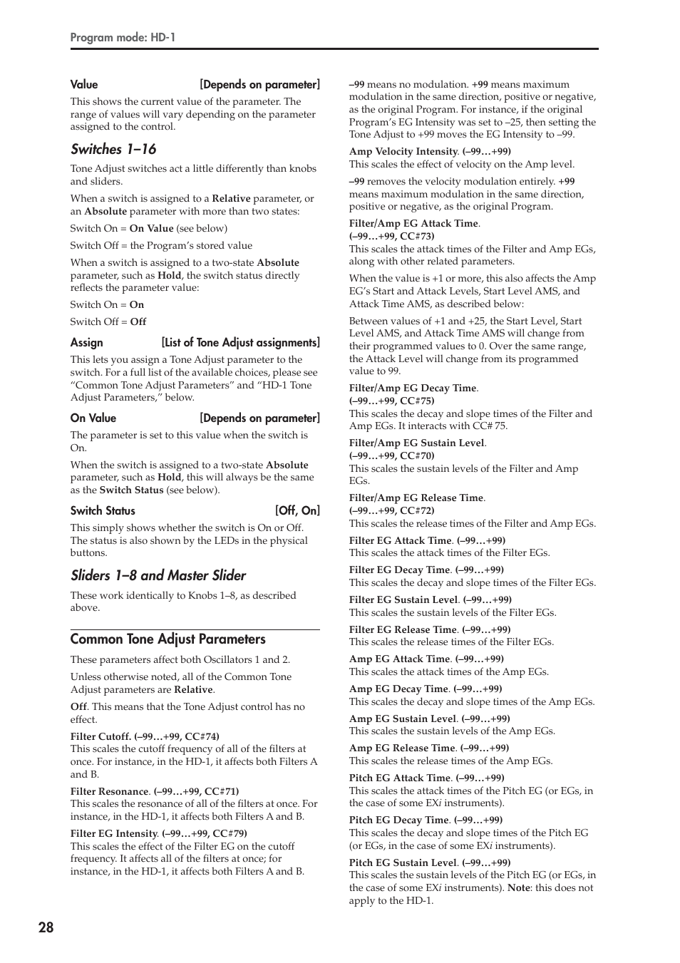 Common tone adjust parameters, Common tone adjust parameters” and “hd-1 t, Switches 1–16 | Sliders 1–8 and master slider | KORG Electronic Keyboard User Manual | Page 38 / 1127