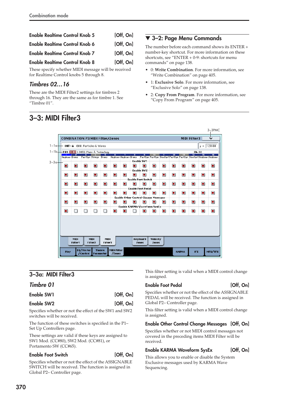 3: midi filter3, 3a: midi filter3, 3–3: midi filter3 | Timbres 02…16, 3–2: page menu commands | KORG Electronic Keyboard User Manual | Page 380 / 1127