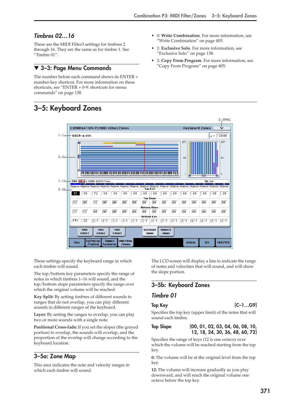 5: keyboard zones, 5a: zone map, 5b: keyboard zones | 3–5: keyboard zones, 3–3: page menu commands, 3–5a: zone map, 3–5b: keyboard zones timbre 01 | KORG Electronic Keyboard User Manual | Page 381 / 1127