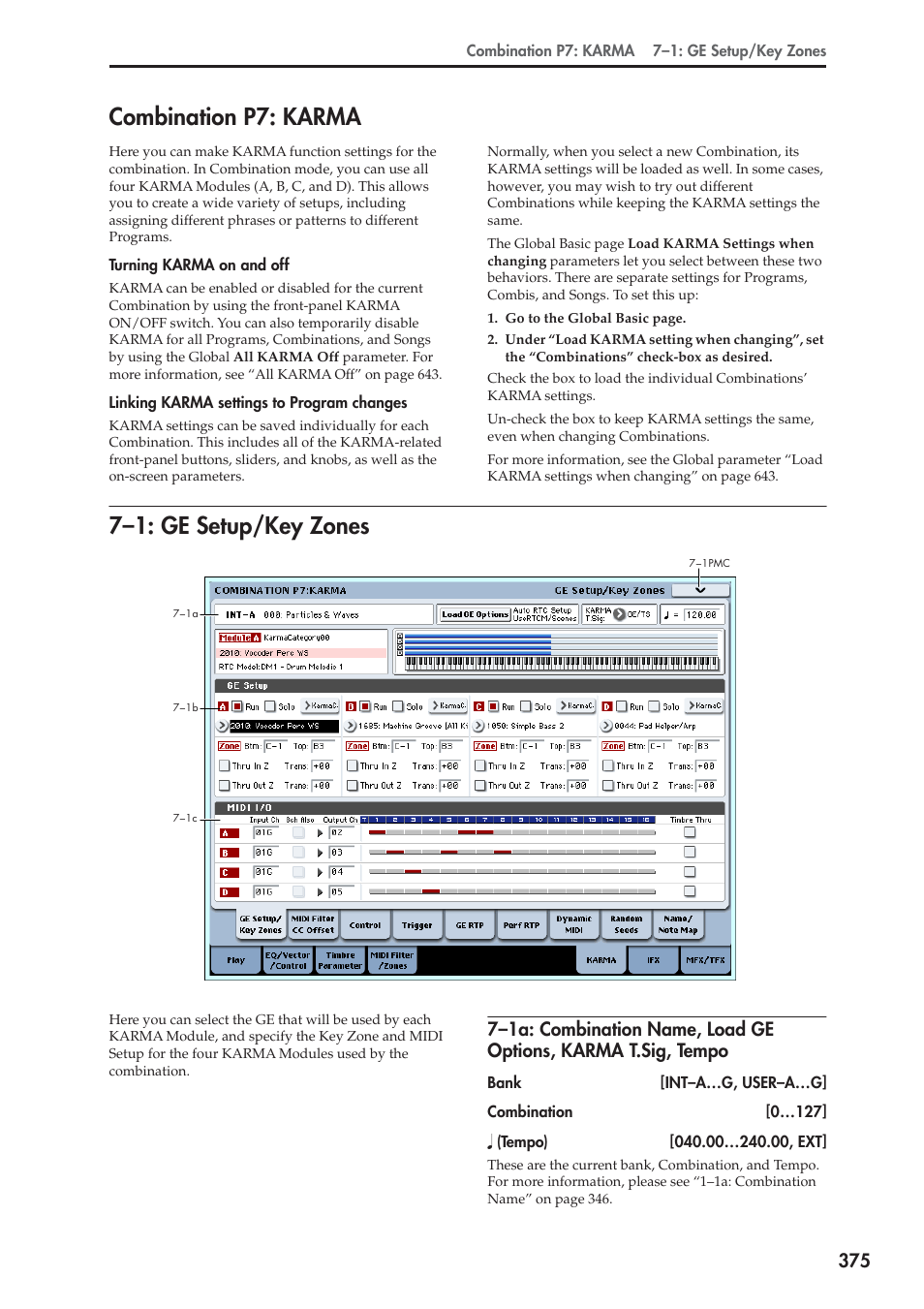 Combination p7: karma, 1: ge setup/key zones, 7–1: ge setup/key zones | KORG Electronic Keyboard User Manual | Page 385 / 1127
