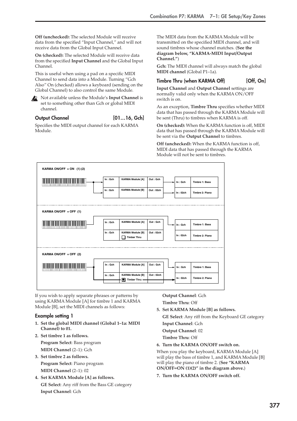 Combination p7: karma 7–1: ge setup/key zones, Output channel [01…16, gch, Timbre thru (when karma off) [off, on | Example setting 1 | KORG Electronic Keyboard User Manual | Page 387 / 1127