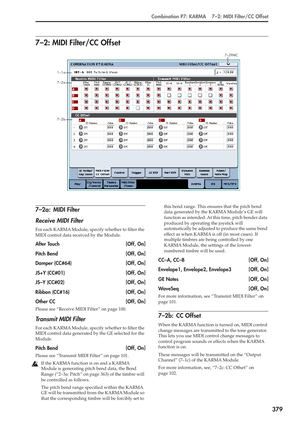 2: midi filter/cc offset, 2a: midi filter, 2b: cc offset | 7–2: midi filter/cc offset, 7–2a: midi filter receive midi filter, Transmit midi filter, 7–2b: cc offset | KORG Electronic Keyboard User Manual | Page 389 / 1127