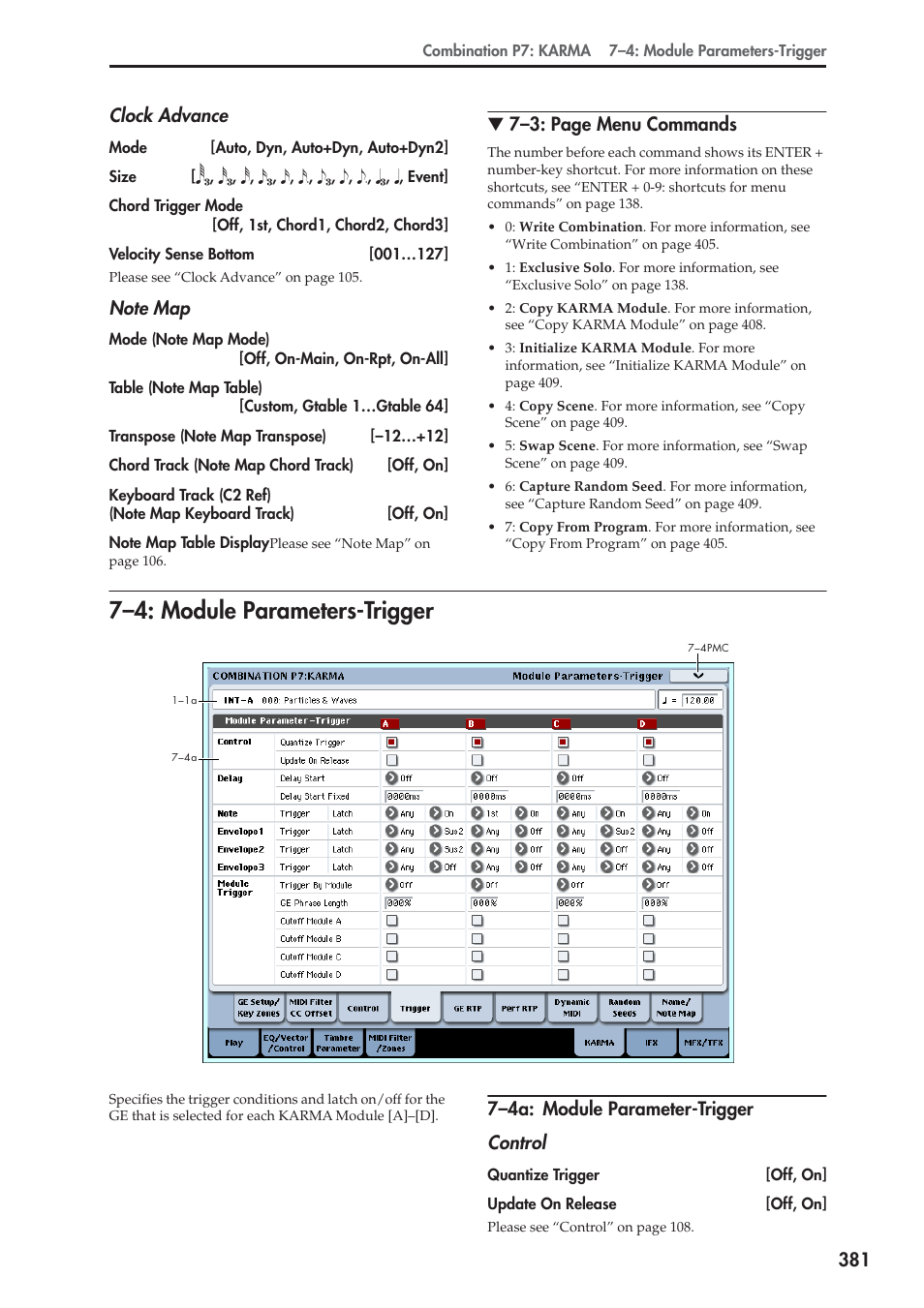 4: module parameters-trigger, 4a: module parameter-trigger, 7–4: module parameters-trigger | 381 clock advance, 7–3: page menu commands, 7–4a: module parameter-trigger control | KORG Electronic Keyboard User Manual | Page 391 / 1127