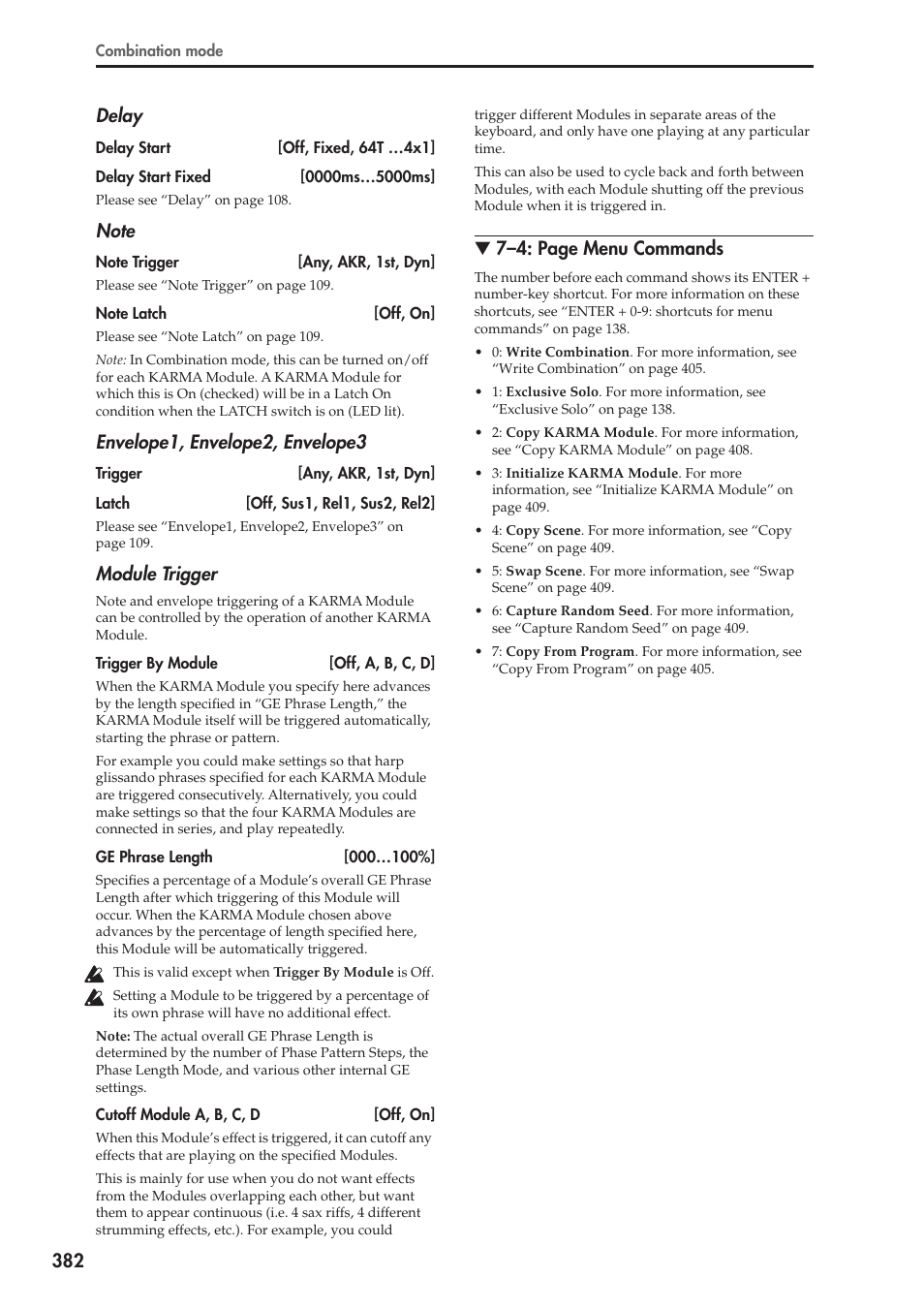 382 delay, Envelope1, envelope2, envelope3, Module trigger | 7–4: page menu commands | KORG Electronic Keyboard User Manual | Page 392 / 1127