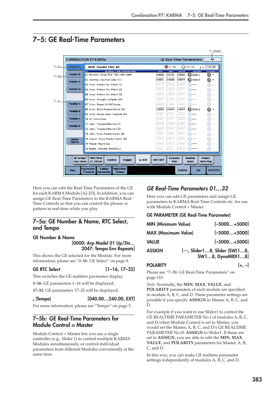 5: ge real-time parameters, 5a: ge number & name, rtc select, and tempo, 7–5: ge real-time parameters | 7–5a: ge number & name, rtc select, and tempo, Ge real-time parameters 01…32 | KORG Electronic Keyboard User Manual | Page 393 / 1127
