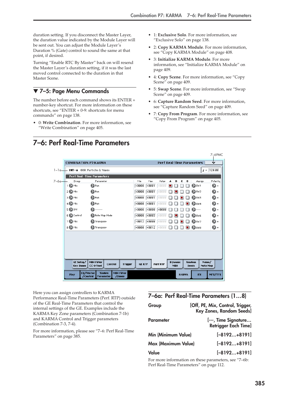 6: perf real-time parameters, 6a: perf real-time parameters (1…8), 7–6: perf real-time parameters | 7–5: page menu commands, 7–6a: perf real-time parameters (1…8) | KORG Electronic Keyboard User Manual | Page 395 / 1127