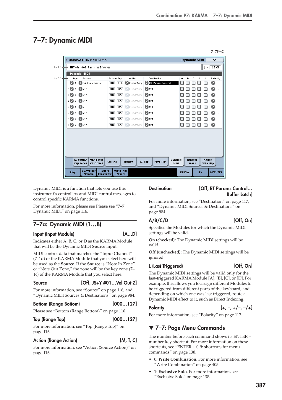 7: dynamic midi, 7a: dynamic midi (1…8), 7–7: dynamic midi | 7–7a: dynamic midi (1…8), 7–7: page menu commands | KORG Electronic Keyboard User Manual | Page 397 / 1127