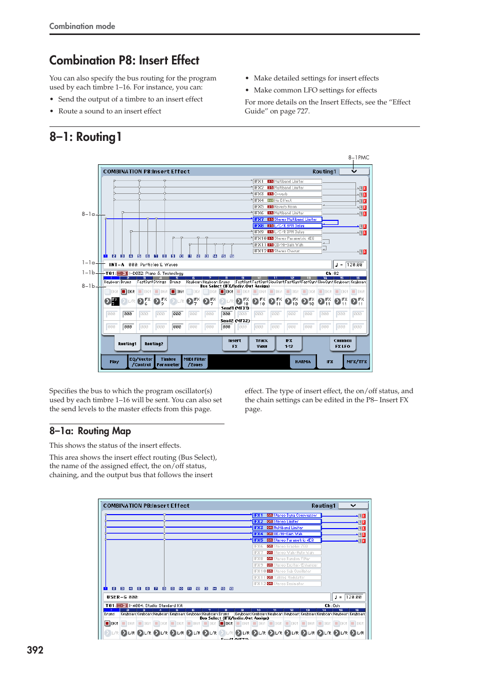Combination p8: insert effect, 1: routing1, 1a: routing map | 8–1: routing1, 8–1a: routing map | KORG Electronic Keyboard User Manual | Page 402 / 1127