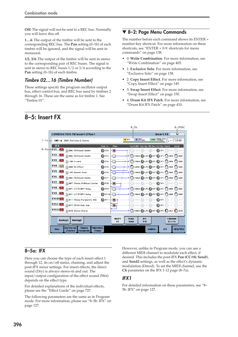 5: insert fx, 5a: ifx, 8–5: insert fx | Timbre 02…16 (timbre number), 8–2: page menu commands, 8–5a: ifx, Ifx1 | KORG Electronic Keyboard User Manual | Page 406 / 1127