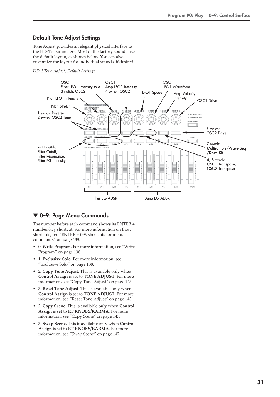 Default tone adjust settings, 31 default tone adjust settings, 0–9: page menu commands | Program p0: play 0–9: control surface | KORG Electronic Keyboard User Manual | Page 41 / 1127
