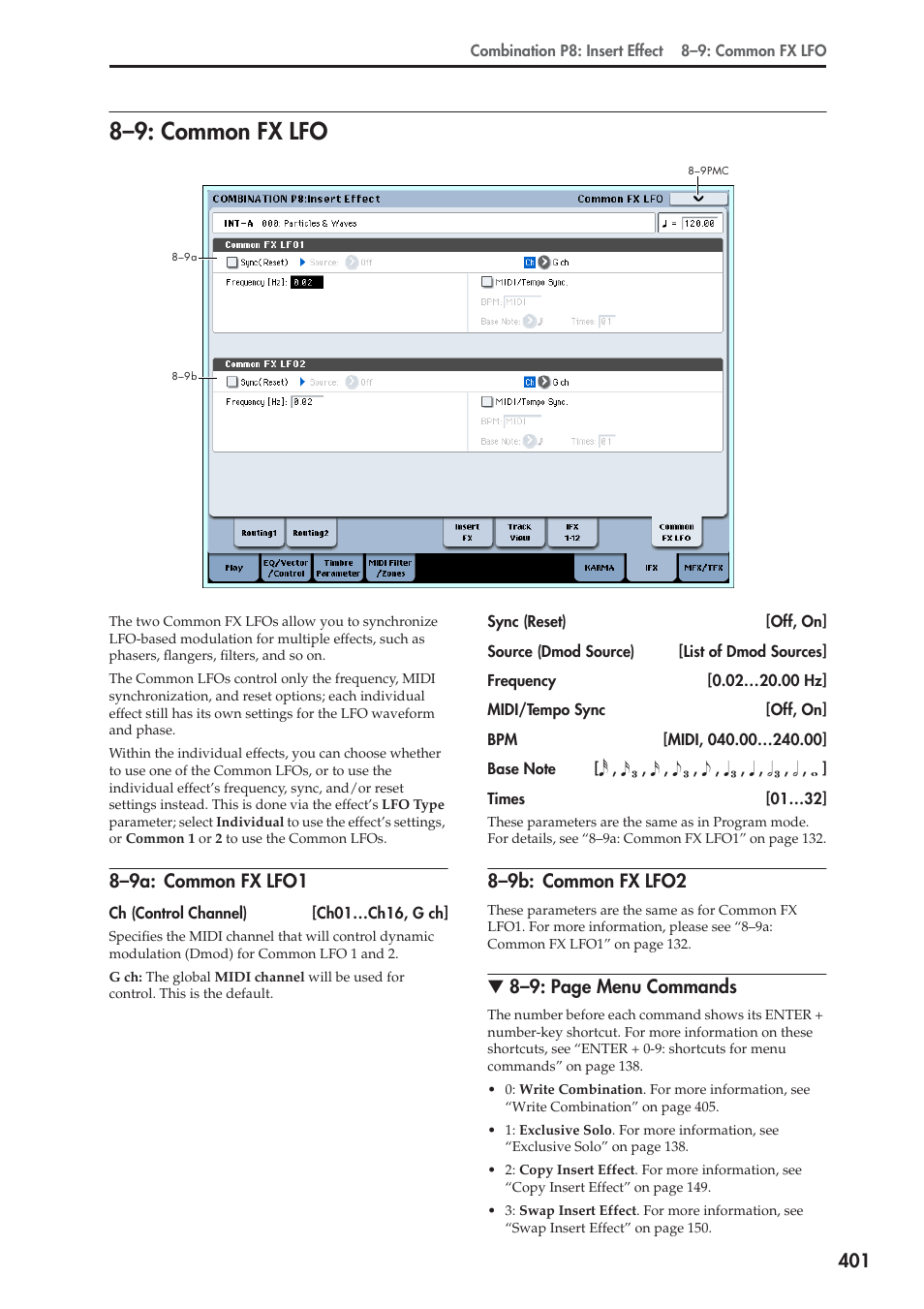 9: common fx lfo, 9a: common fx lfo1, 9b: common fx lfo2 | 8–9: common fx lfo, 8–9a: common fx lfo1, 8–9b: common fx lfo2, 8–9: page menu commands | KORG Electronic Keyboard User Manual | Page 411 / 1127