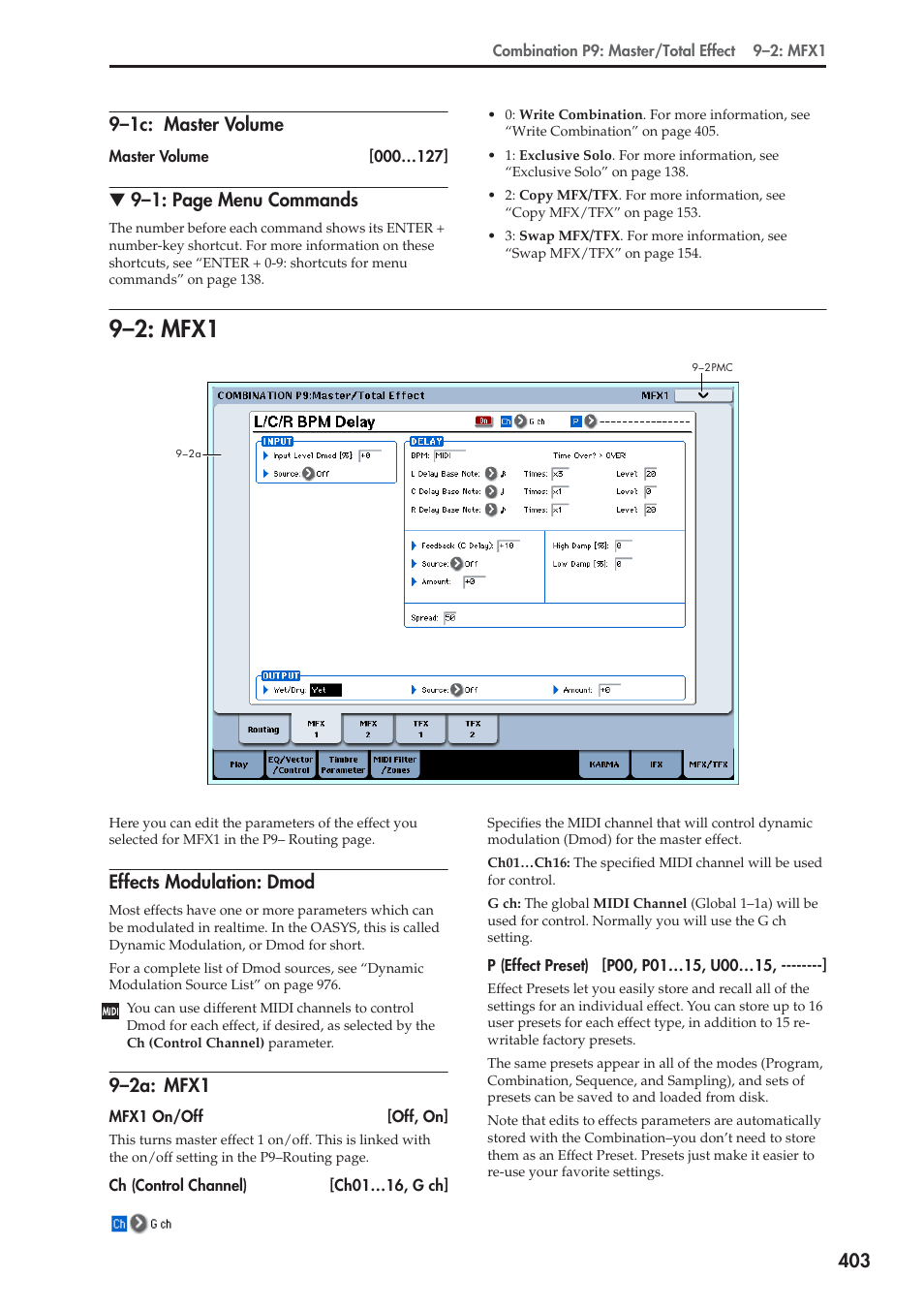 1c: master volume, 2: mfx1, Effects modulation: dmod | 2a: mfx1, 9–2: mfx1, 9–1: page menu commands, 9–2a: mfx1 | KORG Electronic Keyboard User Manual | Page 413 / 1127