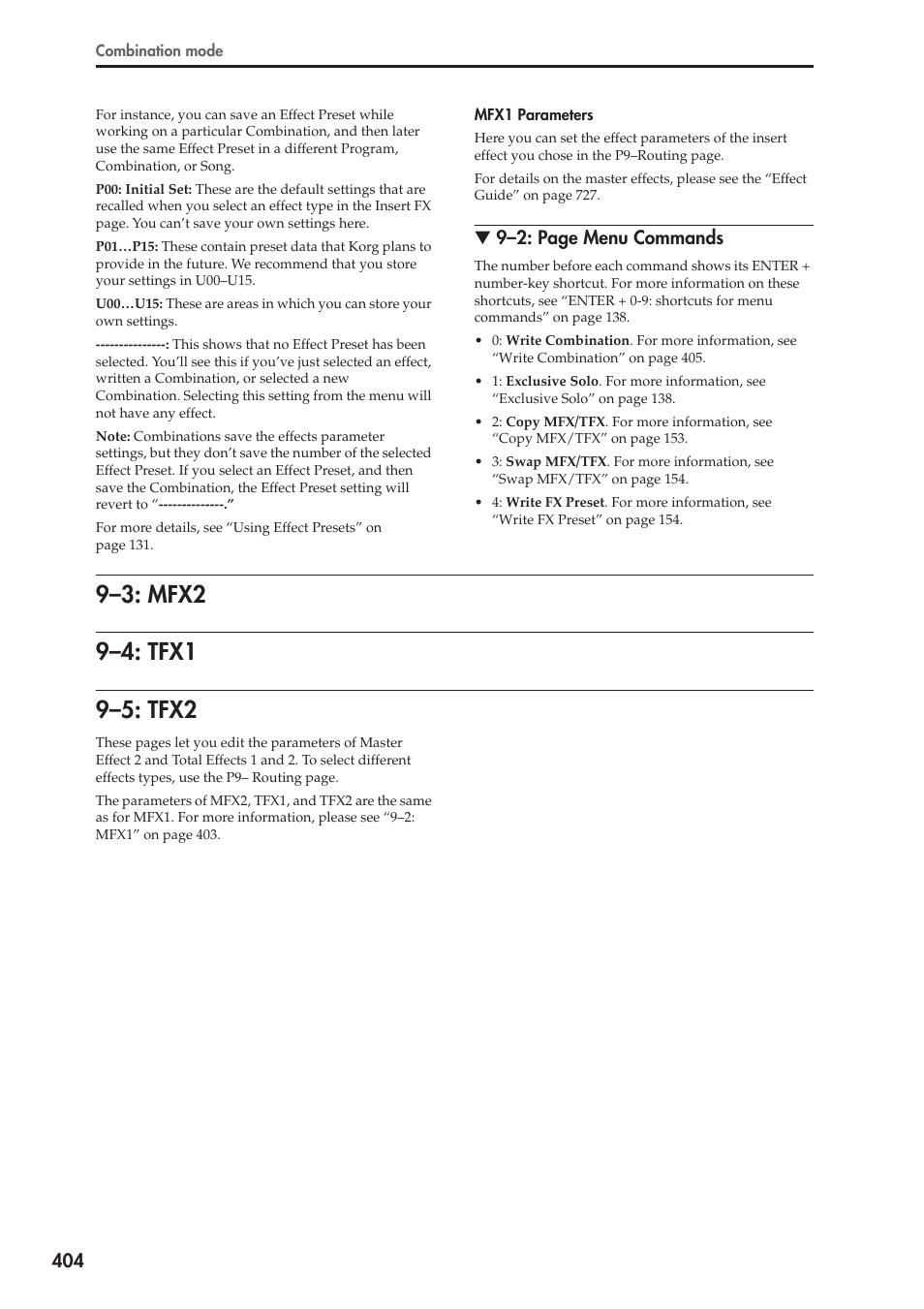 3: mfx2, 4: tfx1, 5: tfx2 | 9–3: mfx2 9–4: tfx1 9–5: tfx2, 9–2: page menu commands | KORG Electronic Keyboard User Manual | Page 414 / 1127